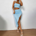 light blue tube top camisole and split package hip skirt two-piece set NSZY120124