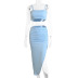conjunto de dos piezas de camisola con parte superior de tubo azul claro y falda de cadera dividida NSZY120124