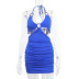 summer blue halterneck V-neck hollow pleated package hip tight dress NSZY120126