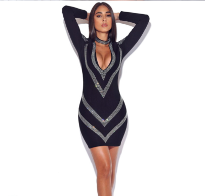 Sexy Deep V Long-sleeved Sequined Package Hip Tight Dress  NSFSX119477