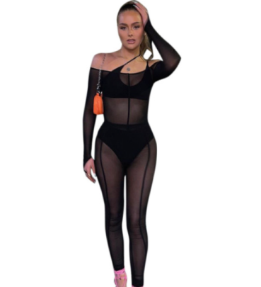 Black Sexy Perspective Mesh Long-sleeved One Shoulder Tight Jumpsuit NSCBB119687