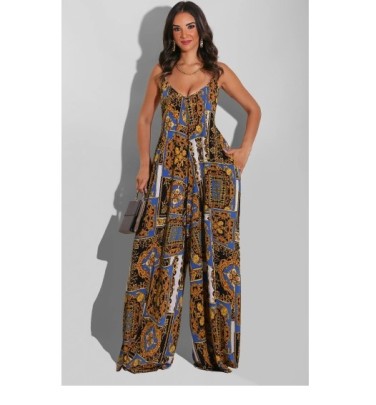 Sleeveless Print Low-cut Backless Loose Wide-leg Sling Jumpsuit NSXLY120003
