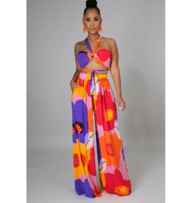 Color Matching Tube Top Vest And High-waist Wide-leg Pants Two-piece Set  NSXLY120006