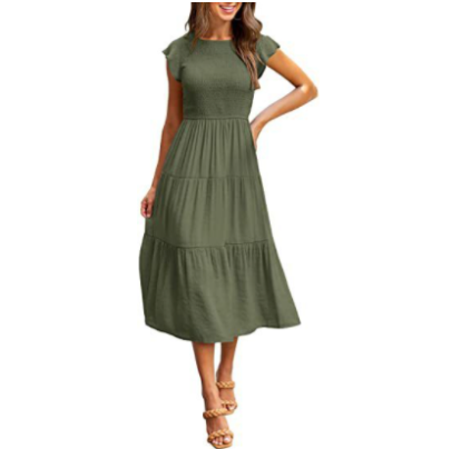 Solid Color Round Neck Pleated Layered Long Dress NSYDJ119924