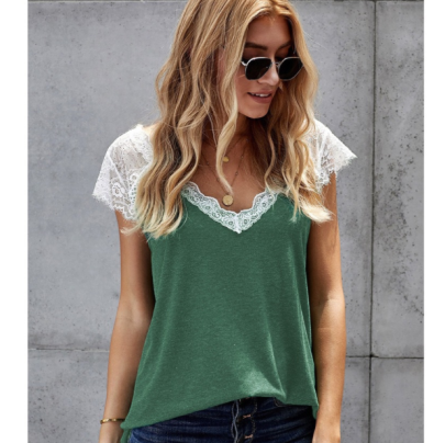Casual Stitching V-neck Short-sleeved Loose Solid Color Lace Top NSAXR119954