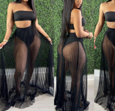 Mesh Pleated Skirt Wrap Chest Slim Solid Color Vest And Panty Three-piece Set NSWDS120014
