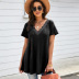 short sleeve v neck loose solid color lace t-shirt NSQSY120233