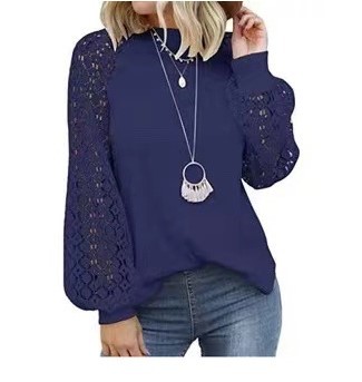 Round Neck Stitching Loose Long-sleeved Solid Color Lace Top NSAXR119974