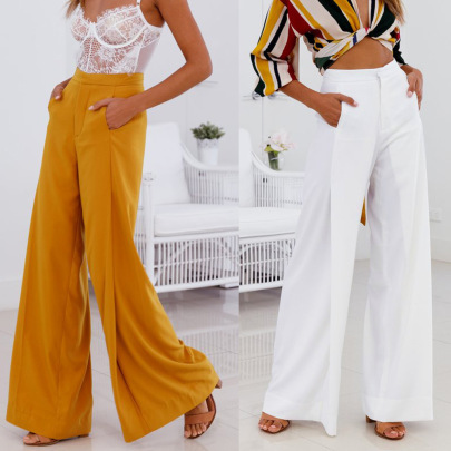 High Waist Wide Leg Casual Solid Color Pants NSMLT120313