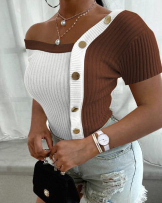 Off-shoulder Stitching Slim Short-sleeved Hit Color Pit Strip Top NSMLT120347