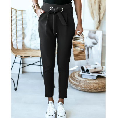 High Waist Lace-up Slim Pockets Solid Color Trousers NSMLT120312