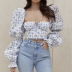 Square Neck Puff Sleeves Lace-Up Floral Tops NSHT117046