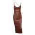 V-Neck Backless Slit Suspender Tight Solid Color Leather Dress NSHT117047