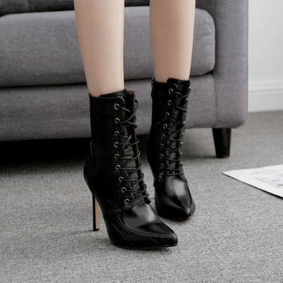 Pointed Toe Lace-Up Crocodile Print High-Heeled Boots NSGXL117082