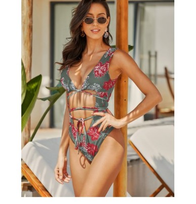 Floral Print Bandage Tie Hollow One-piece Swimsuit NSFPP120417