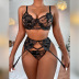 black perspective mesh embroidery steel ring lingerie three-piece set NSHLN120565