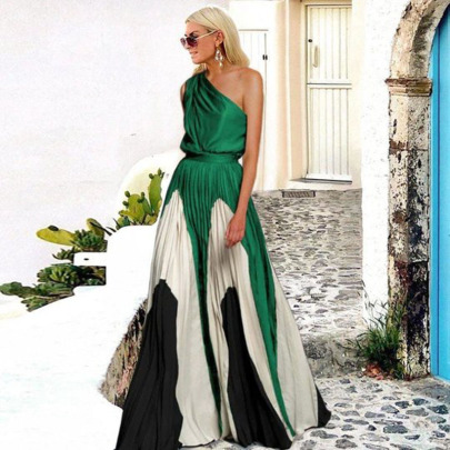 Summer Contrast Color Stitching Print Off-shoulder Long Dress （multicolor） NSGSC120626