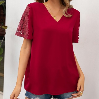 Stitching Short Sleeve V-Neck Loose Solid Color Lace Top NSYBL120668