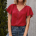 V-neck loose short sleeve solid color lace top NSYBL120681