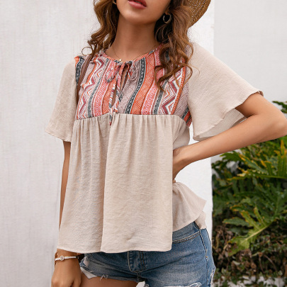 Print Bohemian Style Lace-up Short-sleeved Loose Top NSYBL120690