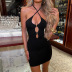 hanging neck backless lace-up hollow tight solid color dress NSCOK120797