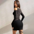 round neck hollowed slim slit lace-up long sleeve solid color dress NSCOK120799