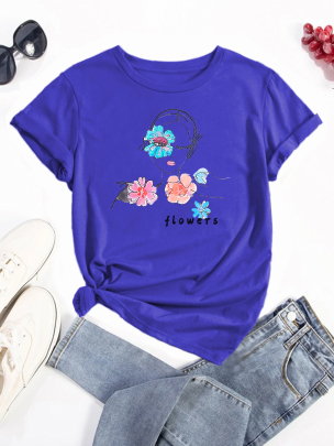 Combed Cotton Line Beauty Flower Print Short Sleeve T-shirt NSSYD122719