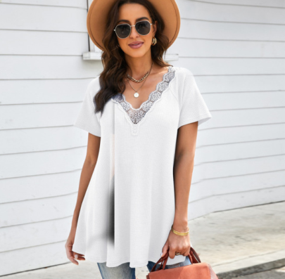 Short Sleeve V Neck Loose Solid Color Lace T-shirt NSQSY120233
