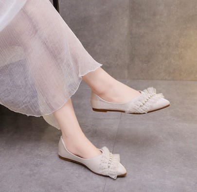 Pointed Shallow Mouth Flat Bottom Pearl Decor Shoes NSJJX120598