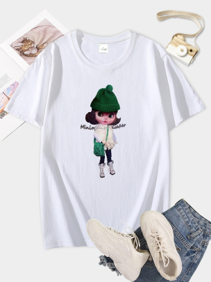 Combed Cotton Green Hat Girl Print Short Sleeve T-shirt NSSYD122712