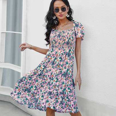 Bohemian Short-sleeved Square Neck Floral Dress NSDY120837