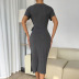 short sleeve v neck lace-up slit slim solid color knitted dress NSDY120845