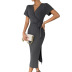 short sleeve v neck lace-up slit slim solid color knitted dress NSDY120845