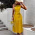 halter neck lace-up sleeveless big swing solid color dress NSDY120846
