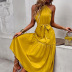halter neck lace-up sleeveless big swing solid color dress NSDY120846