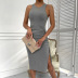 round neck sleeveless slim drawstring slit solid color dress NSDY120857