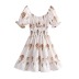 Square Neck Printed High Waist Bubble Sleeve A-line Dress NSXDX120882
