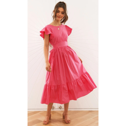 Solid Color Ruffled Short-sleeved Large Swing Long Dress  NSCXY120898