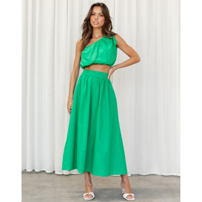 Summer Solid Color Sleeveless Slanted Shoulder Vest And High-waist Skirt Commuter Two-piece Set  NSCXY120902