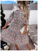 long-sleeved floral print v-neck waist-girding layered midi dress  NSCXY120908