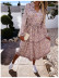 long-sleeved floral print v-neck waist-girding layered midi dress  NSCXY120908