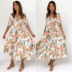 color-matching print short-sleeved v-neck waist-girding casual dress NSCXY120916