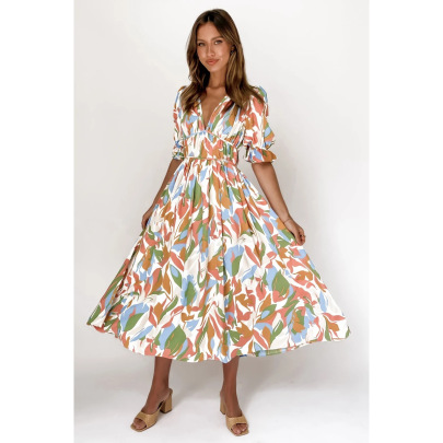 Color-matching Print Short-sleeved V-neck Waist-girding Casual Dress NSCXY120916