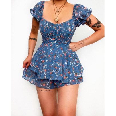 Floral Print Square Neck Short-sleeved Chiffon Jumpsuit NSCXY120923
