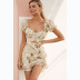 floral print short-sleeved V-neck hollow drawstring chiffon dress  NSCXY120924