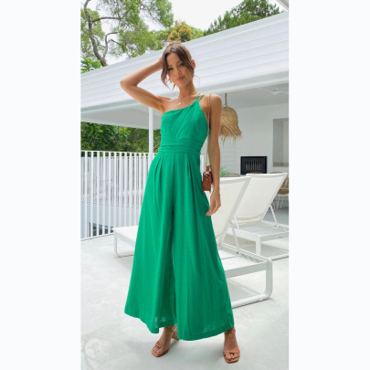 Solid Color Sleeveless Wide-leg Cotton And Linen Sling Jumpsuit  NSCXY120939