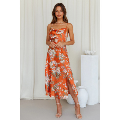 Floral Print Slit Sling Mid-length Dress NSCXY120941