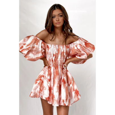 Summer Sexy Off-shoulder Lantern Short-sleeved Print Short Dress  NSCXY120945
