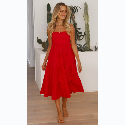 Solid Color Layered Backless Casual Sling Long Dress NSCXY120948