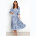 summer blue floral print mid-sleeve V-neck dress  NSCXY120954